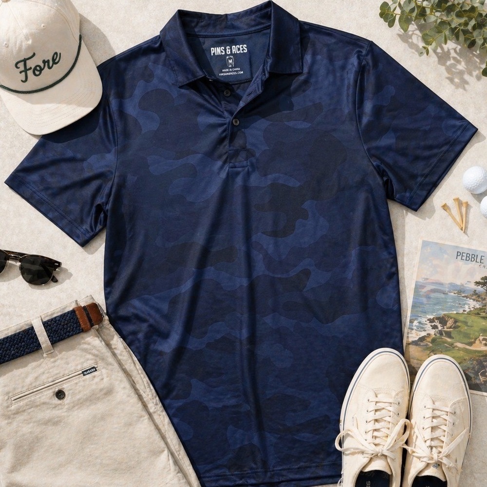 Pins & Aces Golf Polo Mens XL Navy Blue Camo Performance Short Sleeve Shirt